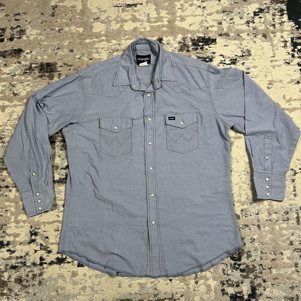 Wrangler Light Blue Pearl Snap Western Shirt Rockabilly Men’s Sz 16.5x34 Cowboy